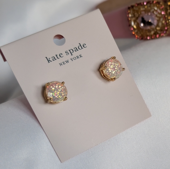 kate spade Jewelry - Kate Spade New York Opal Glitter Earrings Ivory, Flash Pink, 4 Prongs Gold NWT